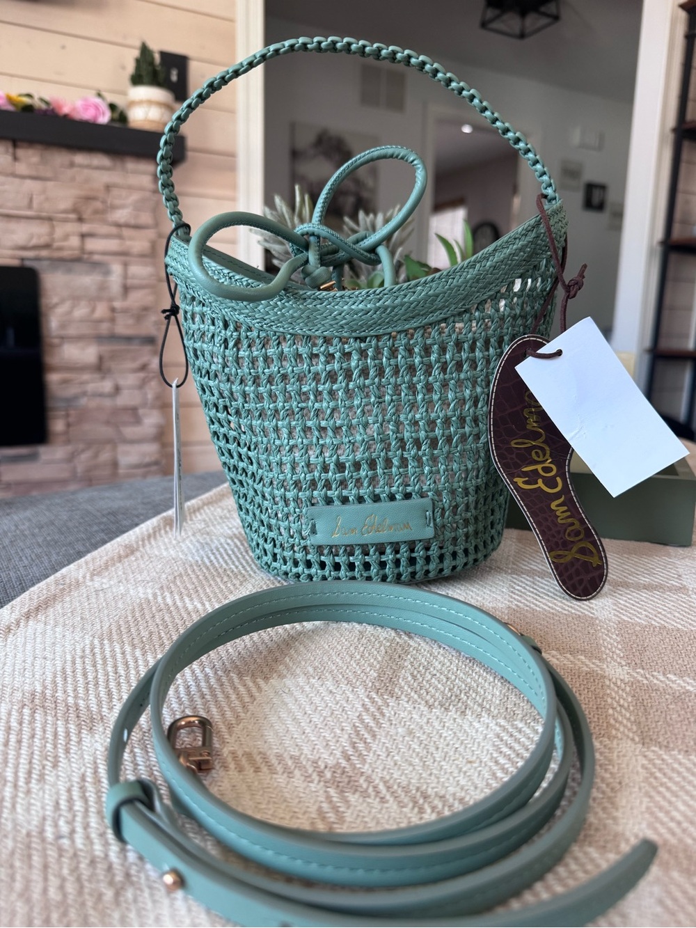 NEW Sam Edelman Green Woven Bucket Bag
